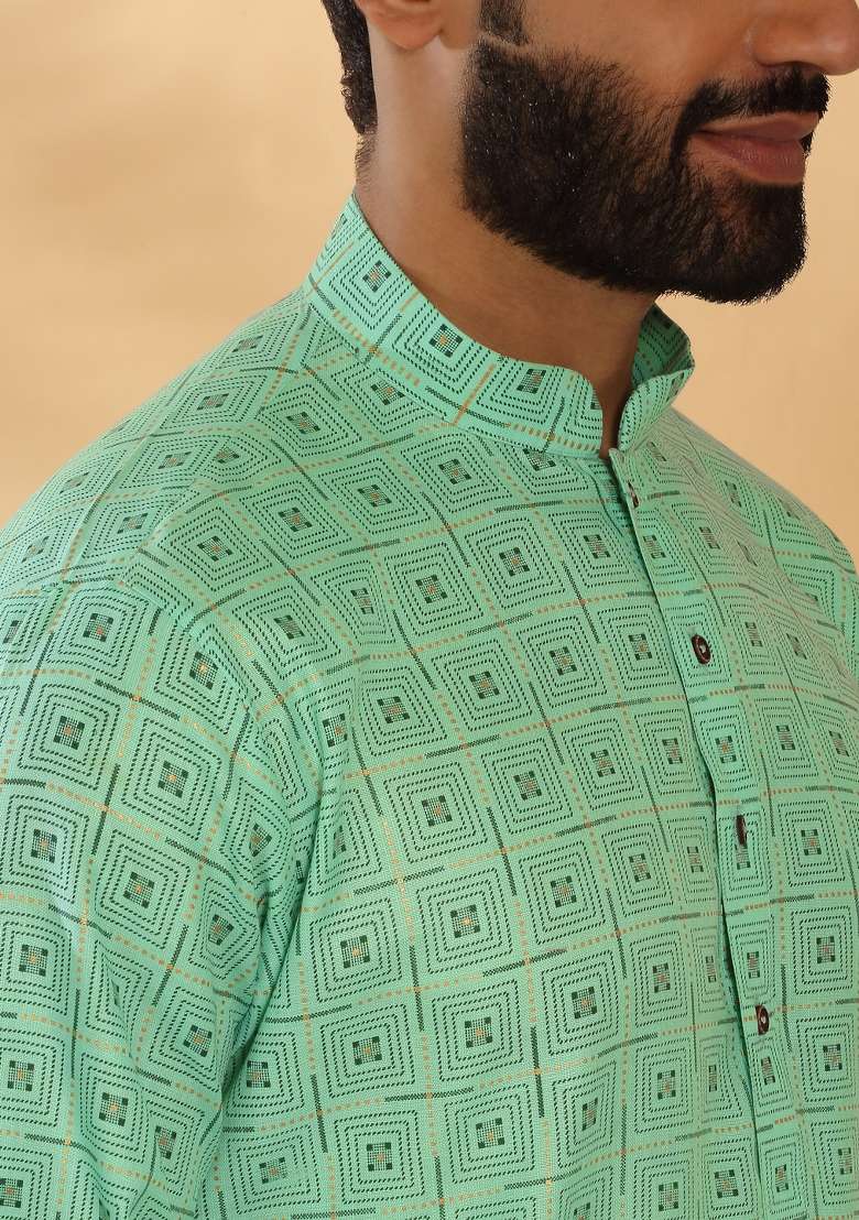 Green Printed Cotton Blend Kurta Set For Men - Indya