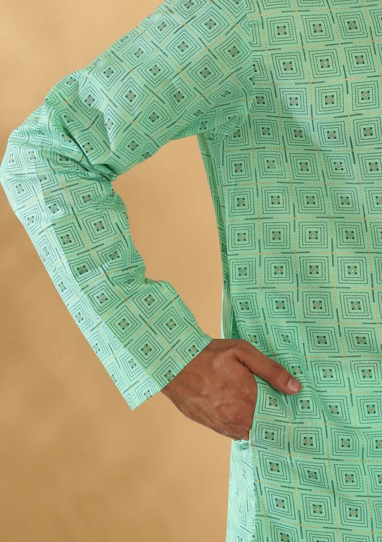 Green Printed Cotton Blend Kurta Set For Men - Indya