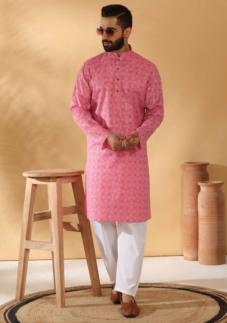 Pink Printed Cotton Blend Kurta Set For Men - Indya