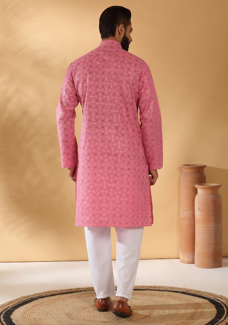 Pink Printed Cotton Blend Kurta Set For Men - Indya
