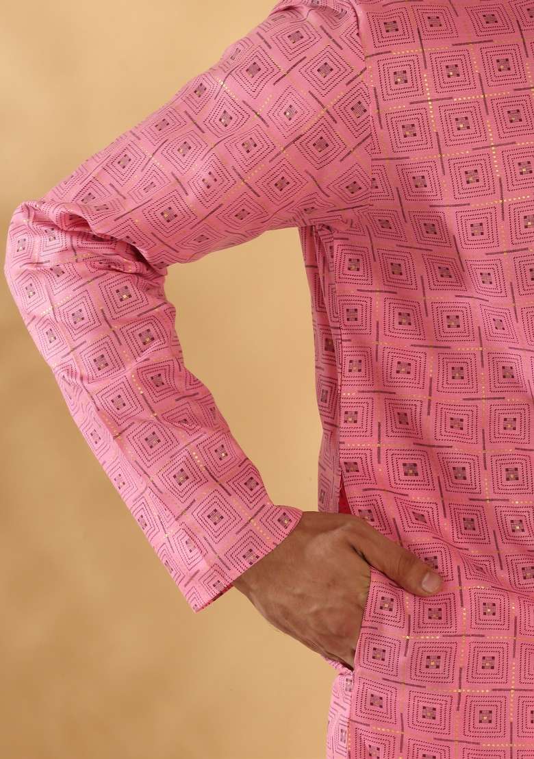 Pink Printed Cotton Blend Kurta Set For Men - Indya