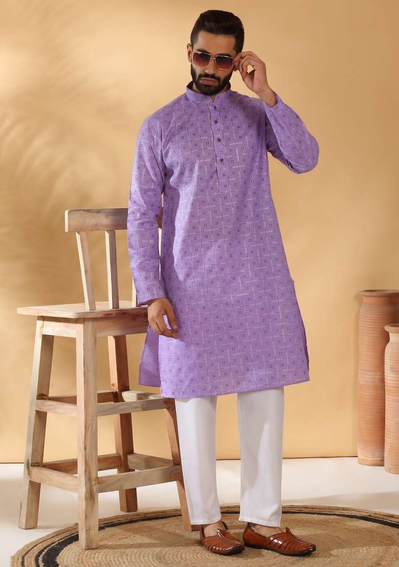Purple Printed Cotton Blend Kurta Set For Men - Indya