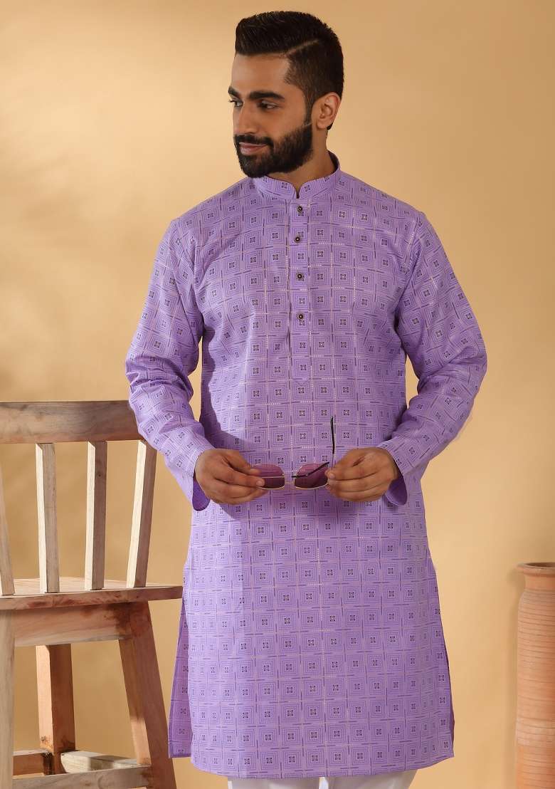 Purple Printed Cotton Blend Kurta Set For Men - Indya