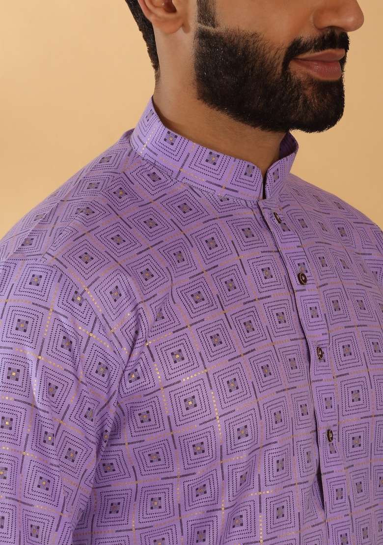 Purple Printed Cotton Blend Kurta Set For Men - Indya