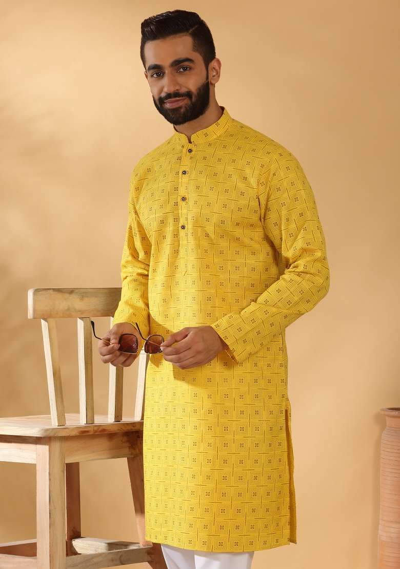 Yellow Printed Cotton Blend Kurta Set For Men - Indya