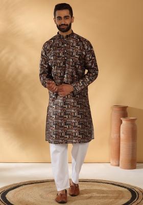 Black Printed Silk Blend Kurta Set For Men