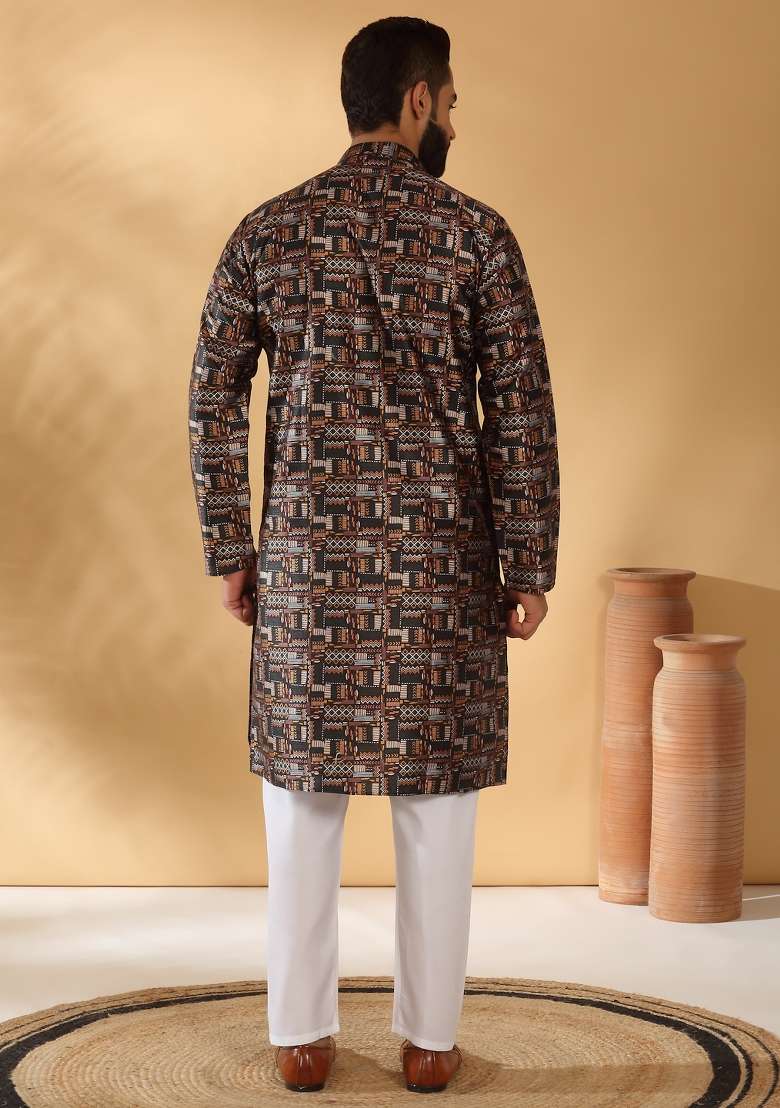 Black Printed Silk Blend Kurta Set For Men - Indya