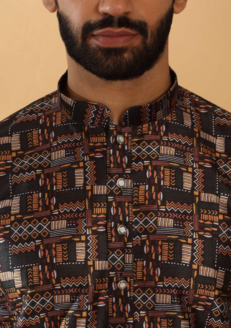 Black Printed Silk Blend Kurta Set For Men - Indya
