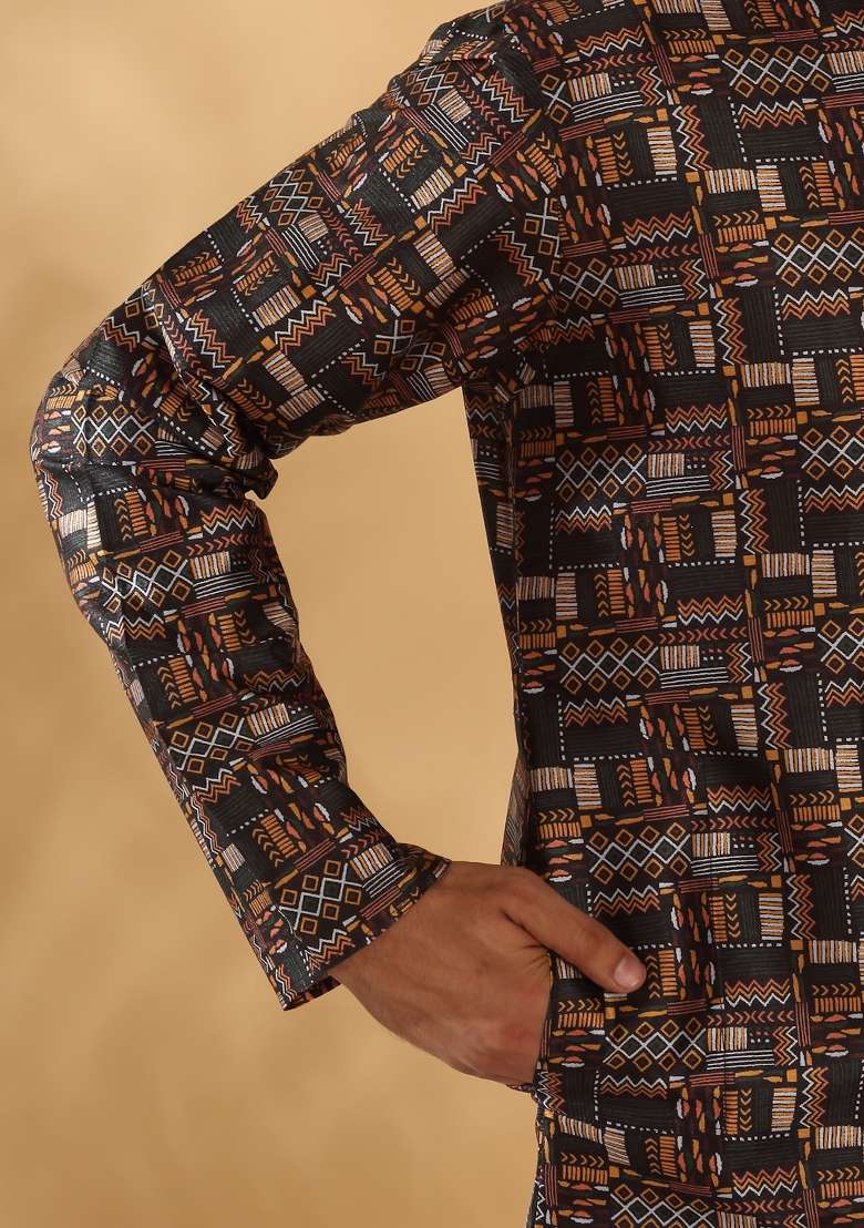 Black Printed Silk Blend Kurta Set For Men - Indya