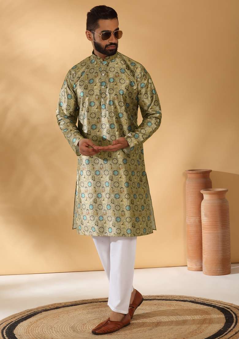 Beige Printed Silk Blend Kurta Set For Men - Indya