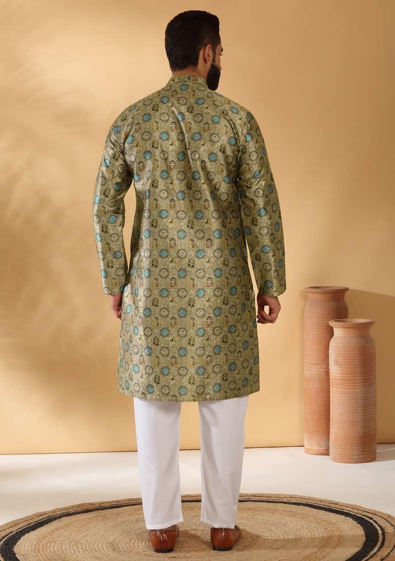 Beige Printed Silk Blend Kurta Set For Men - Indya