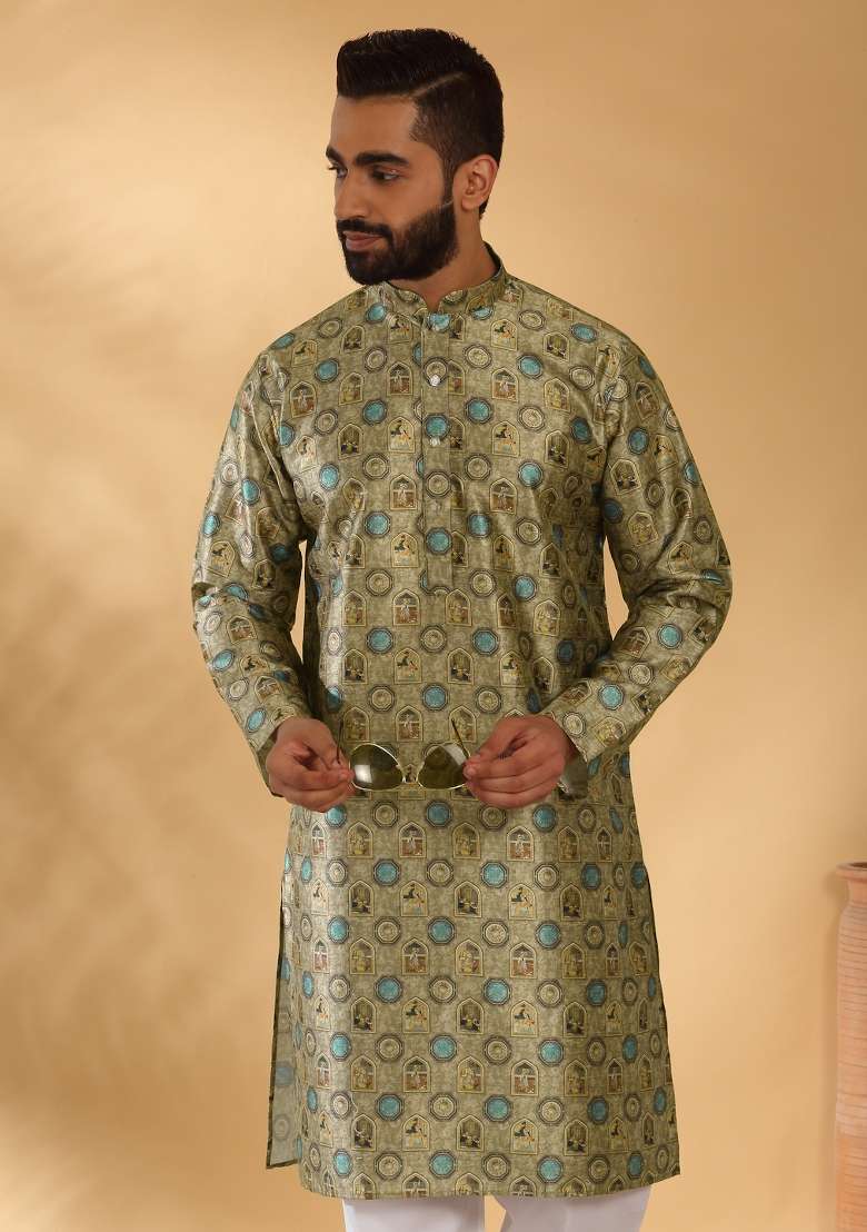 Beige Printed Silk Blend Kurta Set For Men - Indya