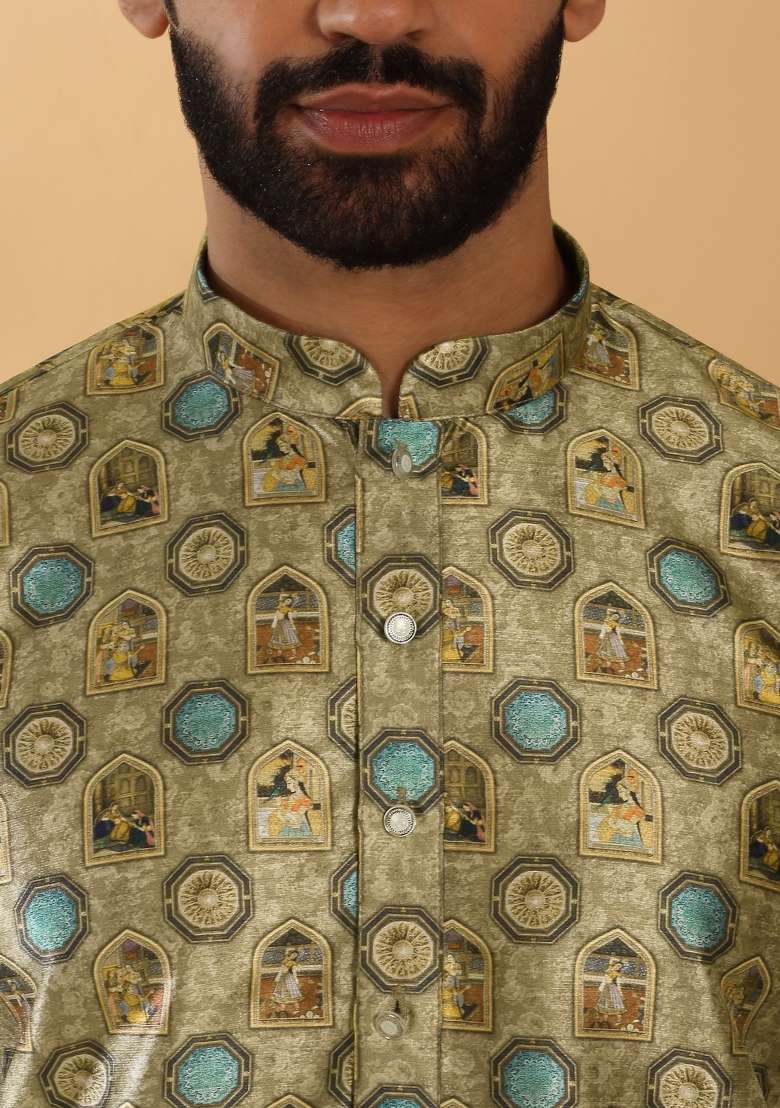 Beige Printed Silk Blend Kurta Set For Men - Indya