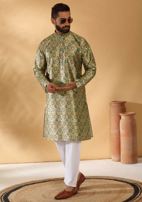 Beige Printed Silk Blend Kurta Set For Men