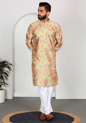 Lime Yellow Printed Silk Blend Kurta Set For Men