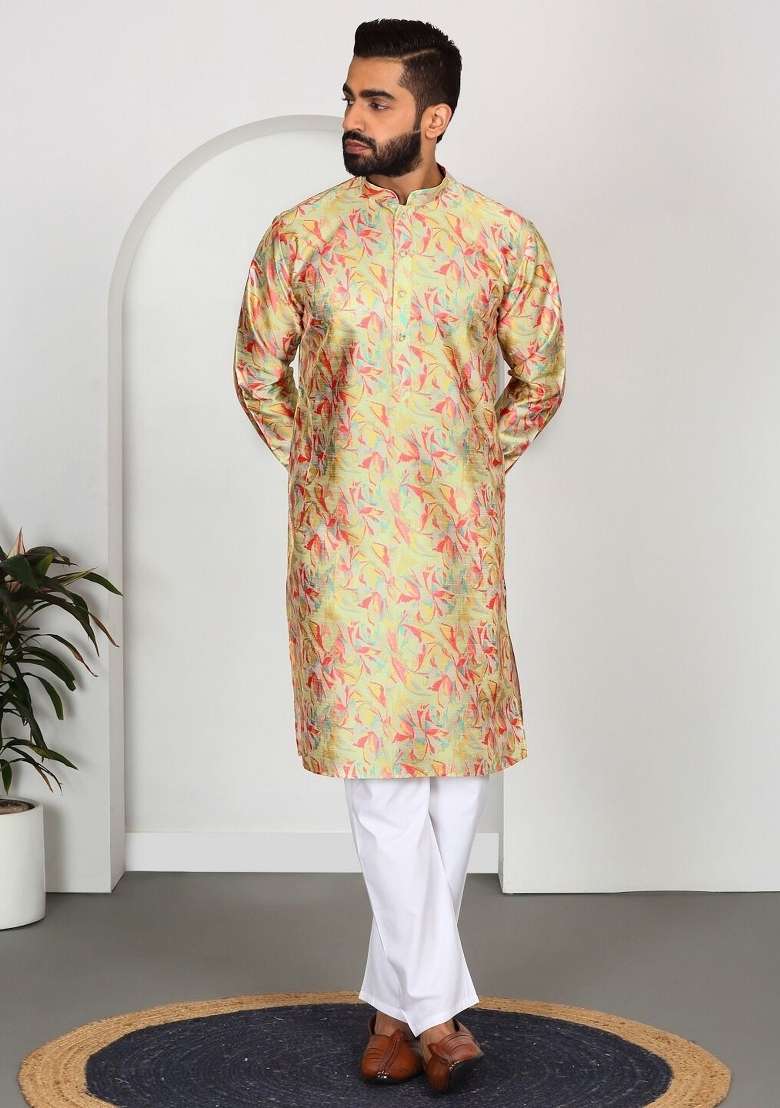 Lime Yellow Printed Silk Blend Kurta Set For Men - Indya