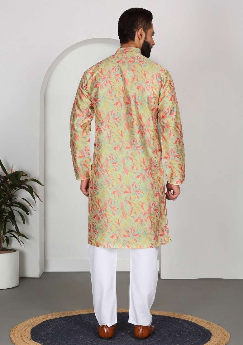 Lime Yellow Printed Silk Blend Kurta Set For Men - Indya