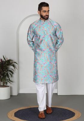 Sky Blue Printed Silk Blend Kurta Set For Men
