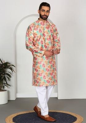 Yellow Printed Silk Blend Kurta Set For Men