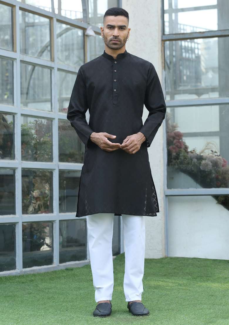 Black Woven Cotton Blend Kurta Set For Men - Indya