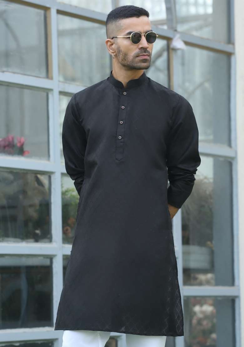 Black Woven Cotton Blend Kurta Set For Men - Indya