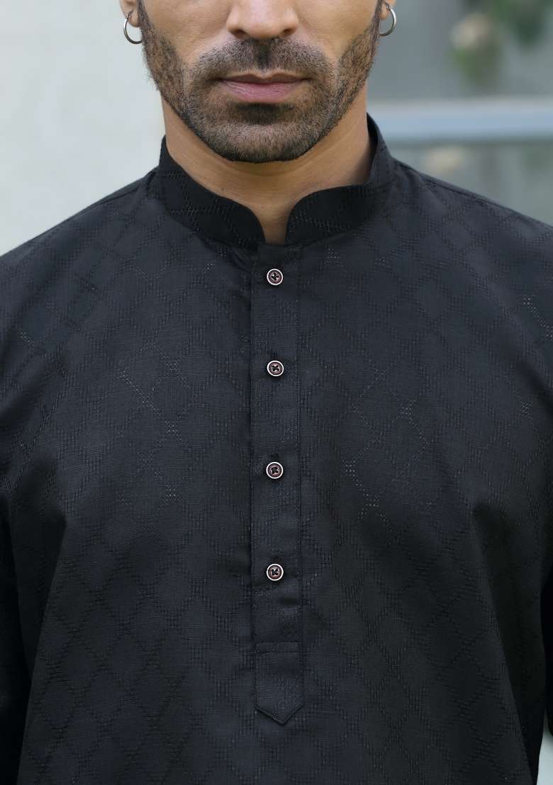 Black Woven Cotton Blend Kurta Set For Men - Indya