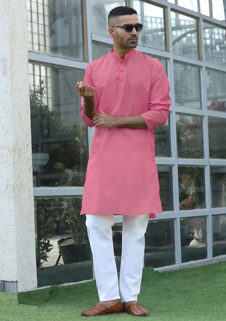 Pink Woven Cotton Blend Kurta Set For Men - Indya