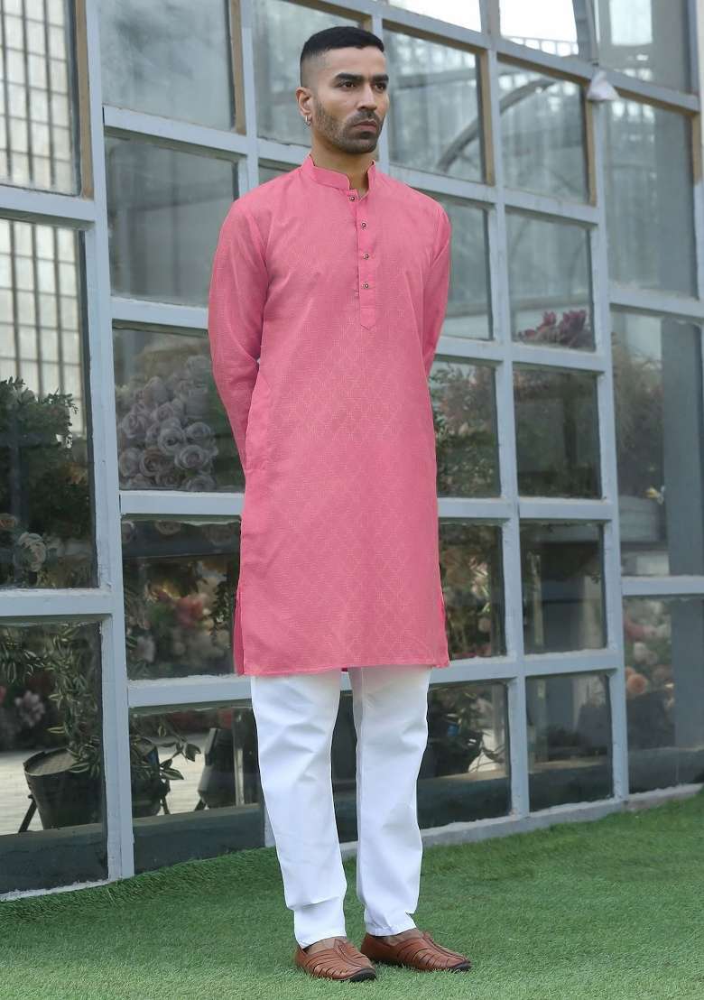 Pink Woven Cotton Blend Kurta Set For Men - Indya