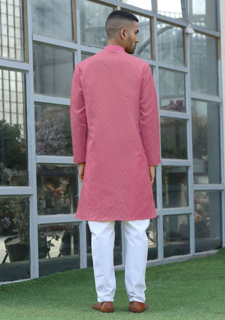 Pink Woven Cotton Blend Kurta Set For Men - Indya