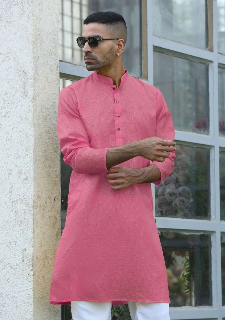 Pink Woven Cotton Blend Kurta Set For Men - Indya