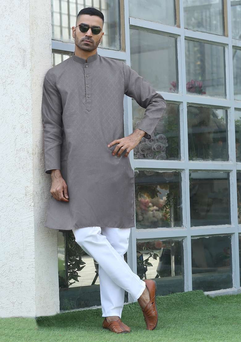 Grey Woven Cotton Blend Kurta Set For Men - Indya
