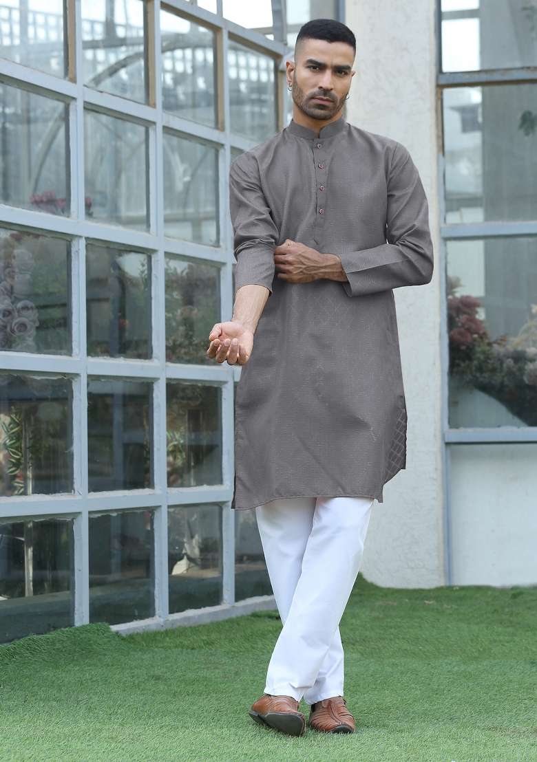 Grey Woven Cotton Blend Kurta Set For Men - Indya