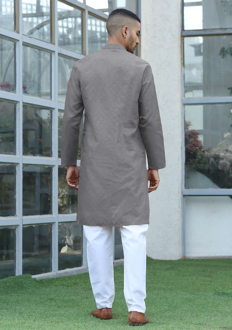 Grey Woven Cotton Blend Kurta Set For Men - Indya