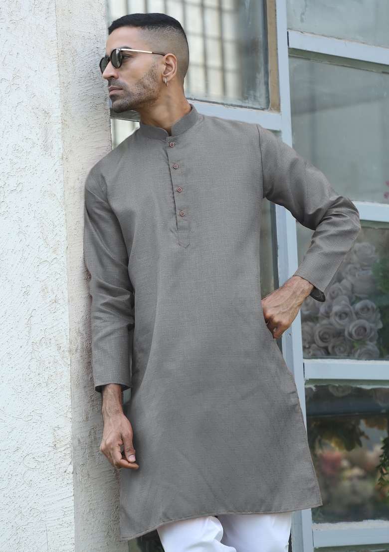 Grey Woven Cotton Blend Kurta Set For Men - Indya