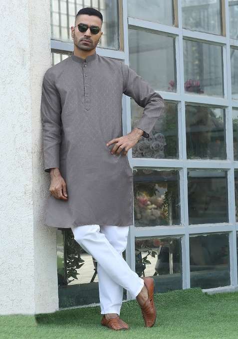 Grey Woven Cotton Blend Kurta Set For Men