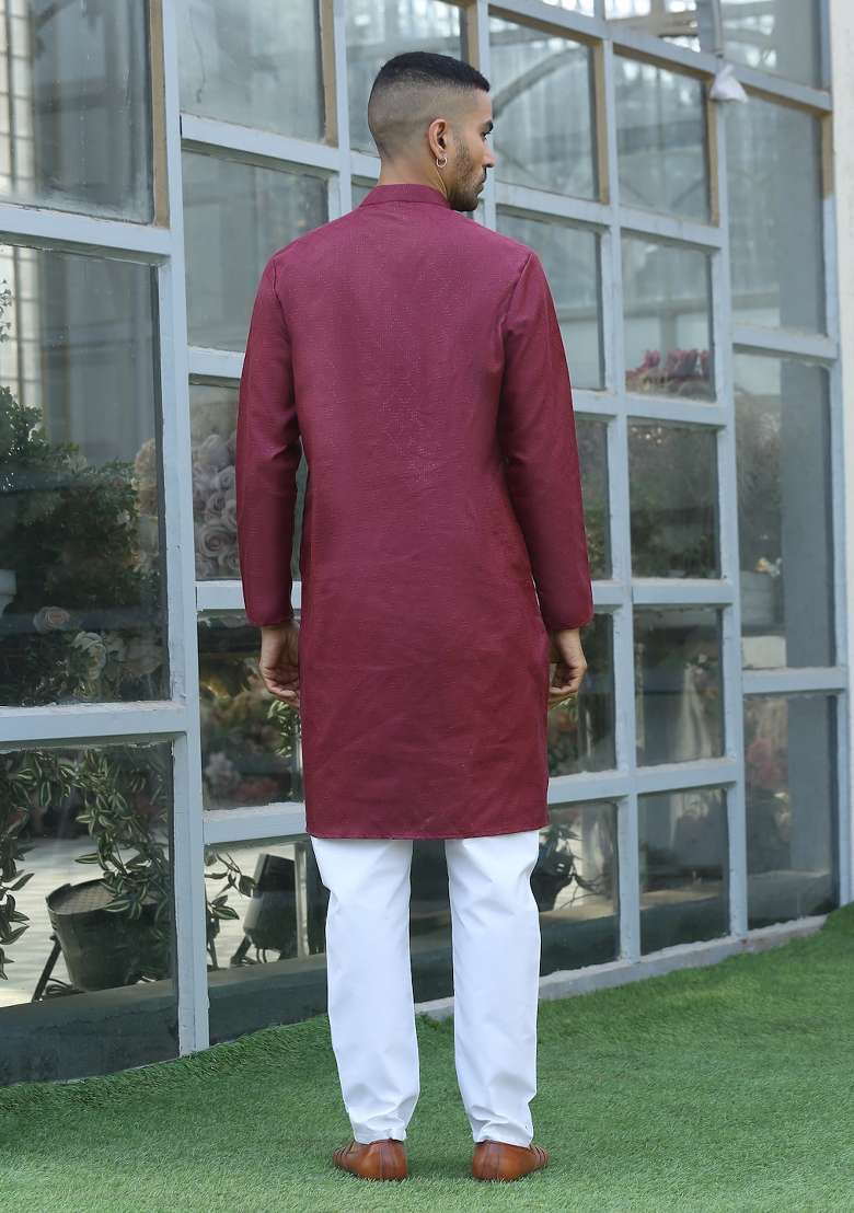 Maroon Woven Cotton Blend Kurta Set For Men - Indya