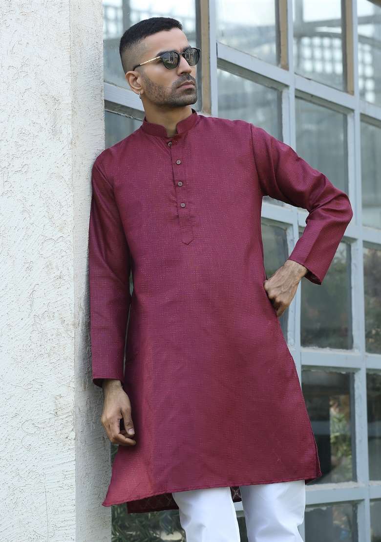 Maroon Woven Cotton Blend Kurta Set For Men - Indya