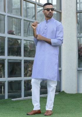 Mauve Woven Cotton Blend Kurta Set For Men