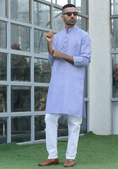 Mauve Woven Cotton Blend Kurta Set For Men