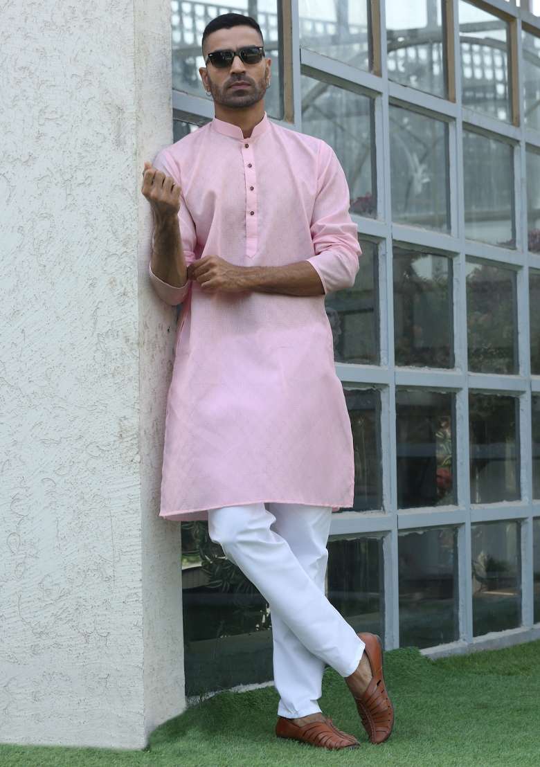 Pink Woven Cotton Blend Kurta Set For Men - Indya