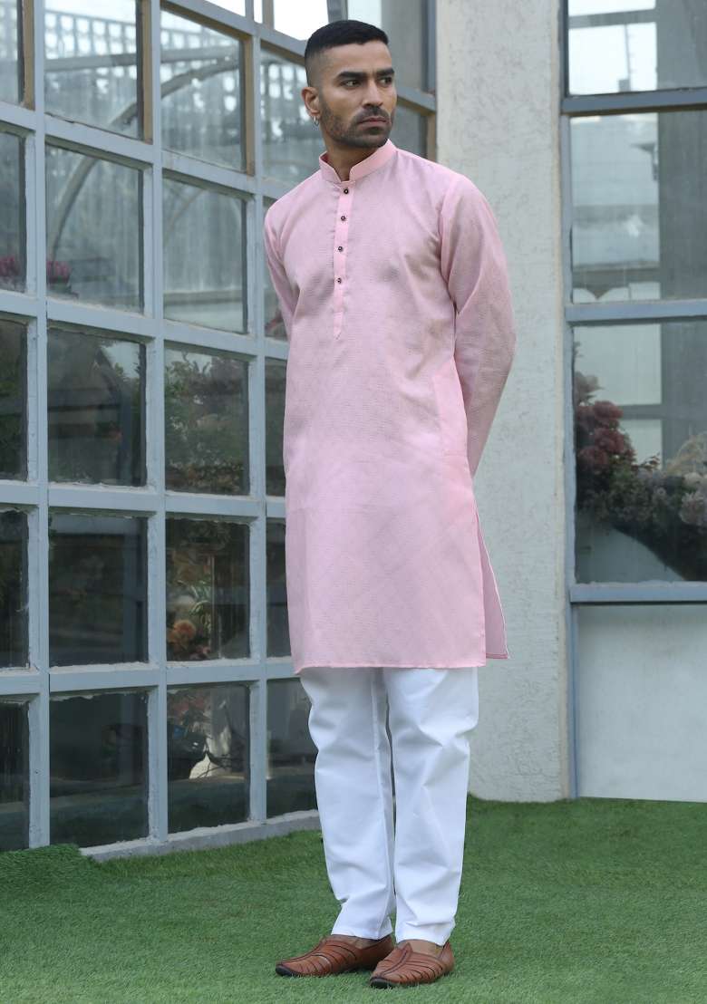 Pink Woven Cotton Blend Kurta Set For Men - Indya