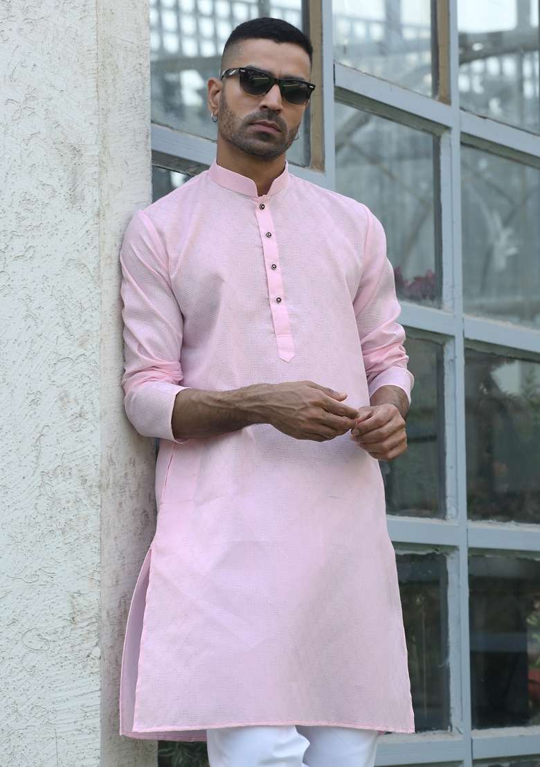 Pink Woven Cotton Blend Kurta Set For Men - Indya