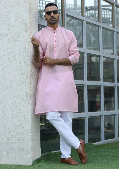 Pink Woven Cotton Blend Kurta Set For Men