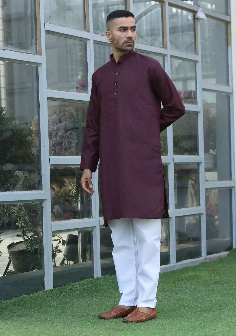 Purple Woven Cotton Blend Kurta Set For Men - Indya