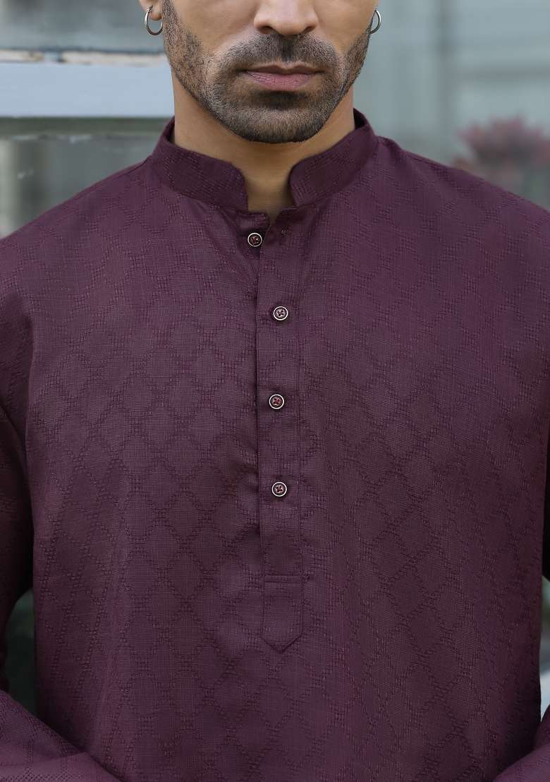 Purple Woven Cotton Blend Kurta Set For Men - Indya