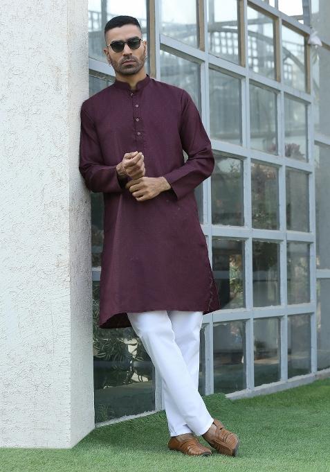 Purple Woven Cotton Blend Kurta Set For Men