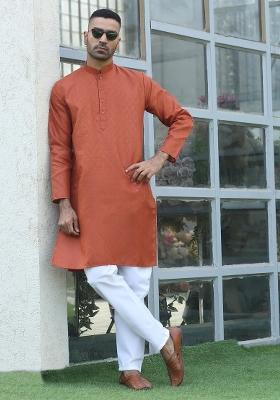 Rust Brown Woven Cotton Blend Kurta Set For Men
