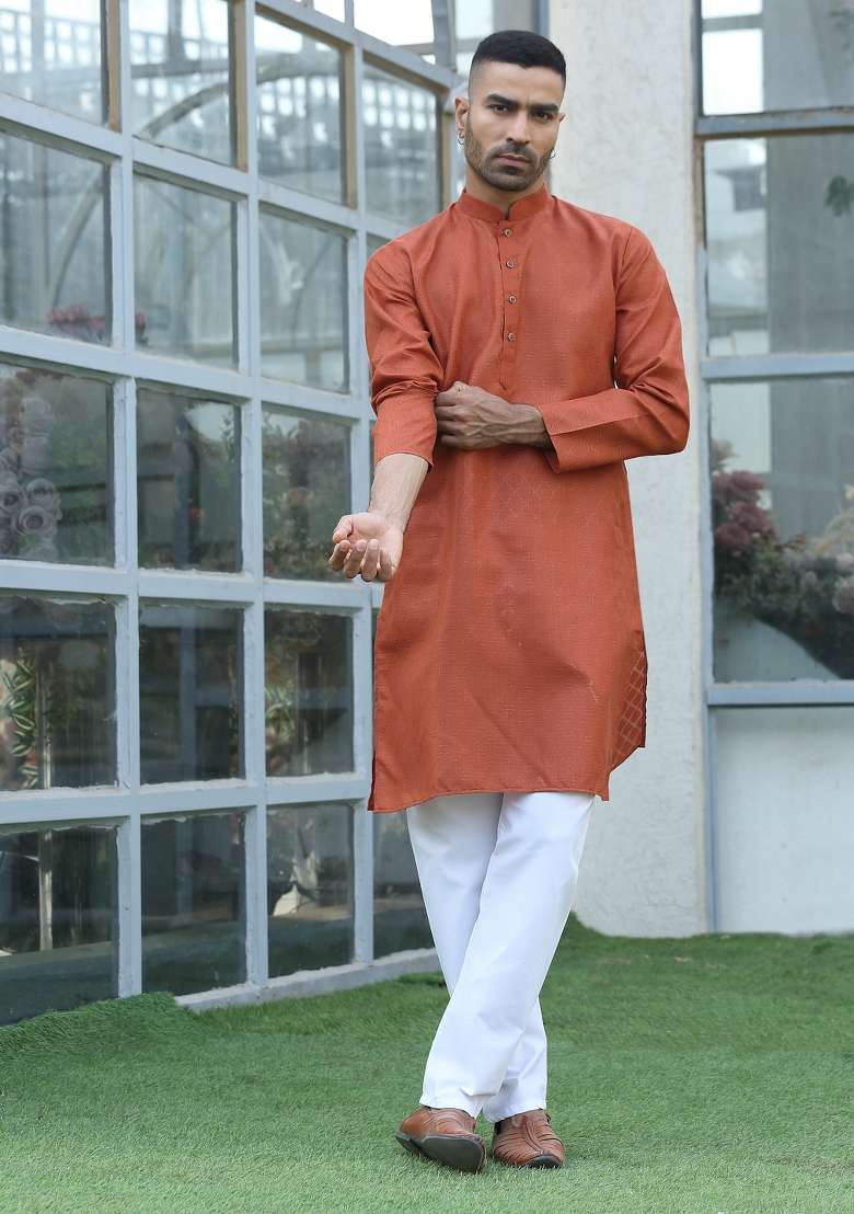 Rust Brown Woven Cotton Blend Kurta Set For Men - Indya
