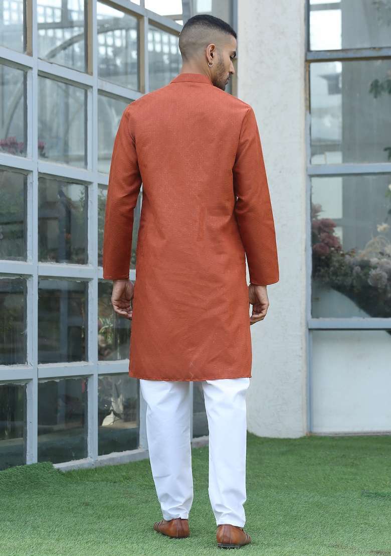 Rust Brown Woven Cotton Blend Kurta Set For Men - Indya