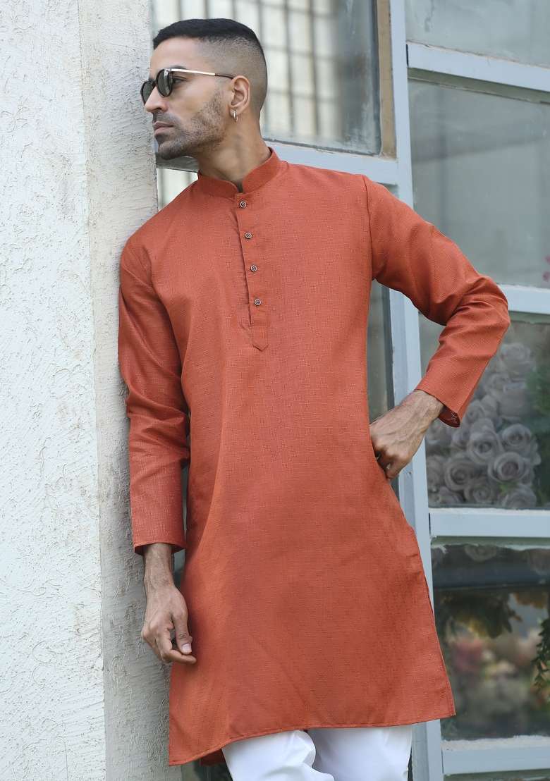 Rust Brown Woven Cotton Blend Kurta Set For Men - Indya